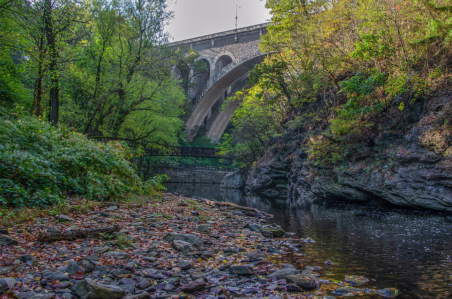 Wissahickon Creek Below the Henry Avenue Bridge in Autumn Photograph by Bill Cannon