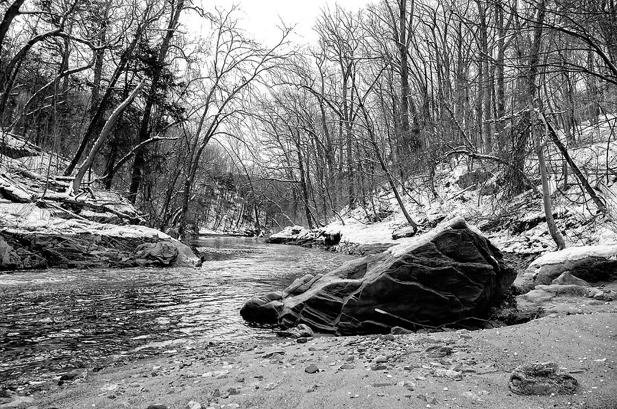 Wissahickon Creek in Winter in Black and White Photograph by Bill Cannon