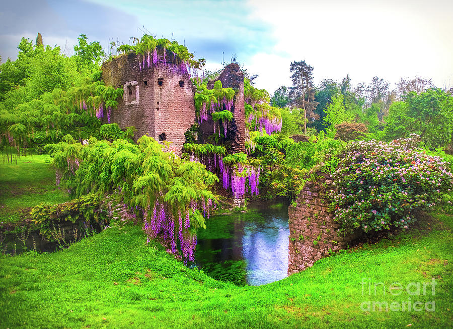 wisteria flowers in fairy garden of ninfa in Italy - medieval tower ruin surrounded by river Photograph by Luca Lorenzelli
