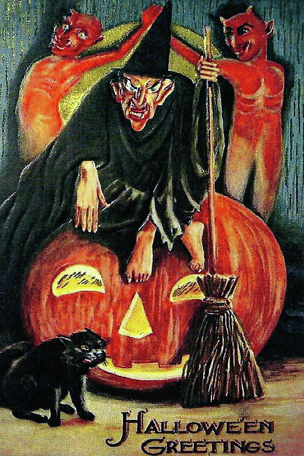 Witch Sits on a Pumpkin Painting by Unknown