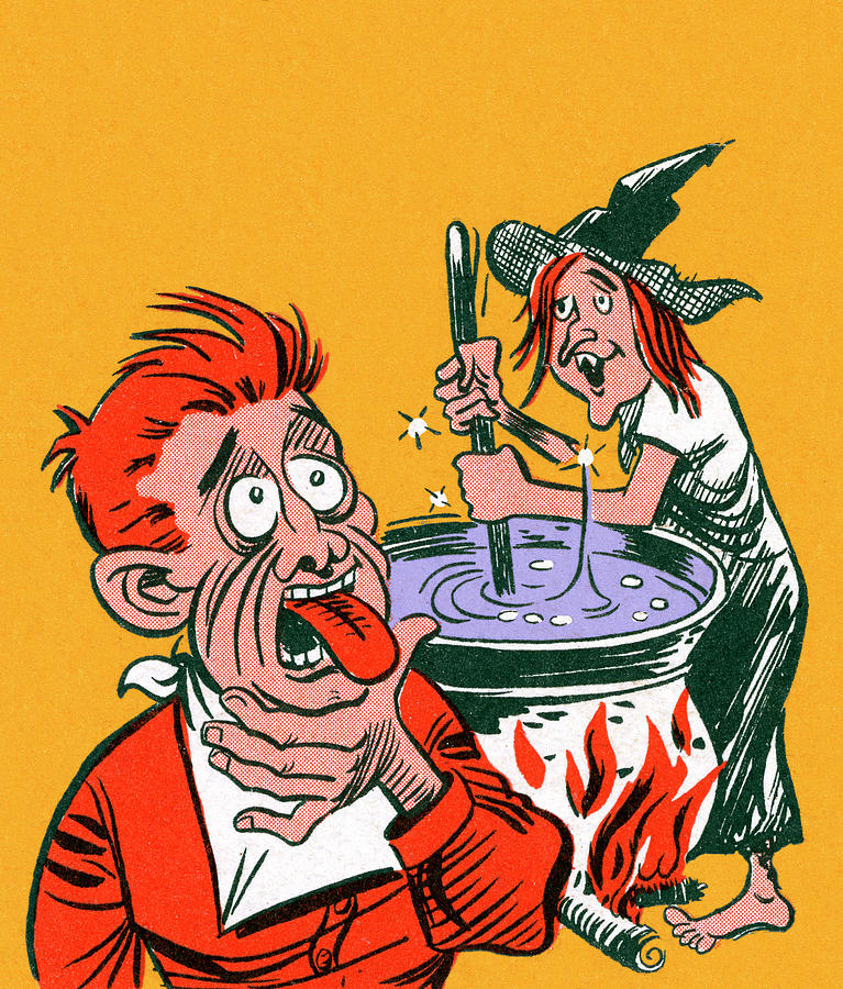 Halloween Drawing - Witch Stirring Brew Poisoning Man by CSA Images