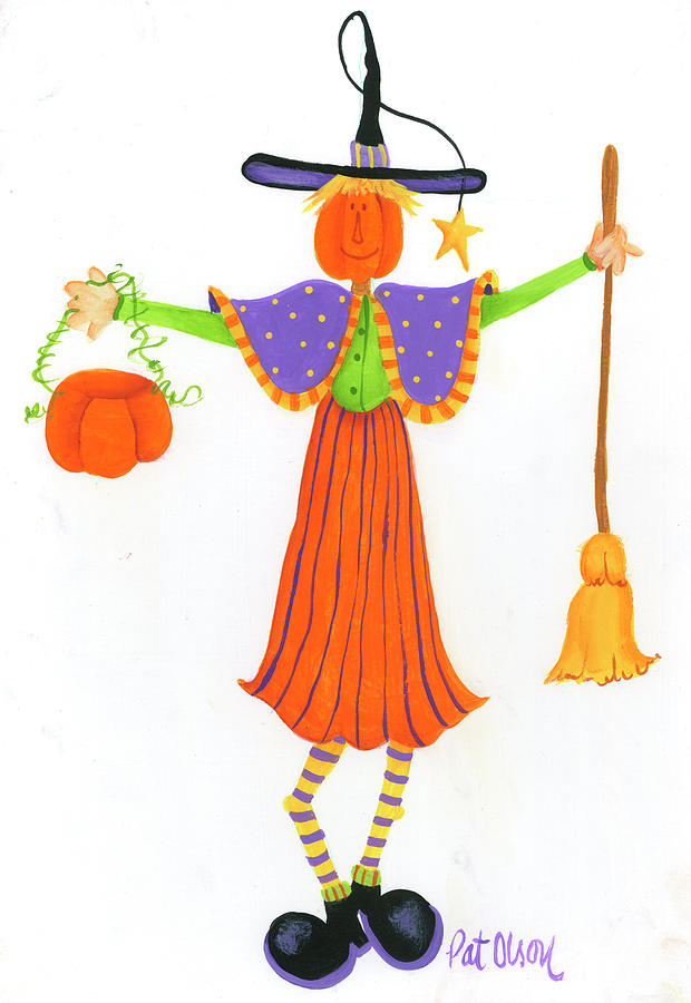 Halloween Painting - Witch With Orange Skirt Holding A Broom by Pat Olson Fine Art And Whimsy