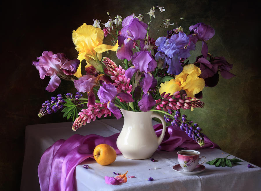 With A Bouquet Of Irises And Lulin Flowers Photograph by Tatyana Skorokhod (??????? ????????)