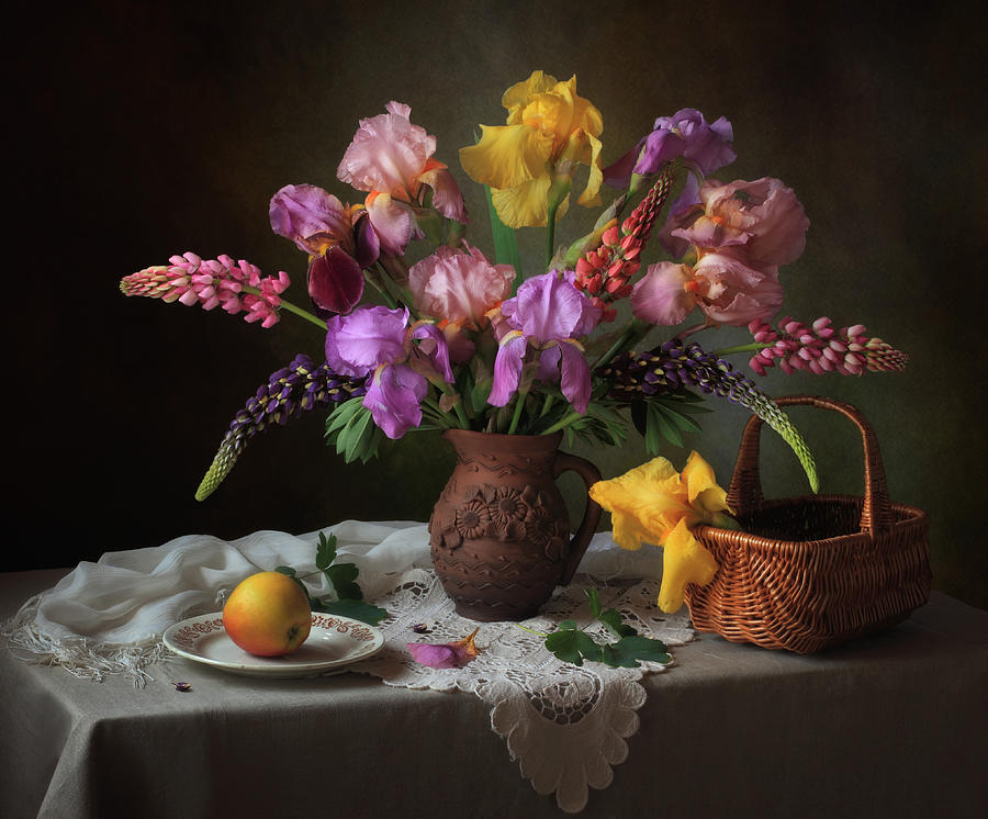 Still Life Photograph - With A Bouquet Of Irises And Lupine by ??????? ????????