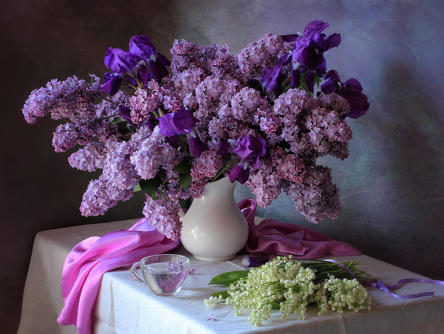 Flower Photograph - With A Bouquet Of Lilacs And Lilies Of The Valley by Tatyana Skorokhod (??????? ????????)