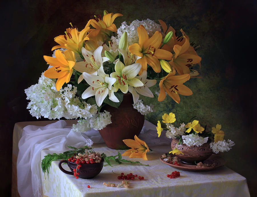 Flower Photograph - With A Bouquet Of Lilies And Berries by Tatyana Skorokhod (??????? ????????)
