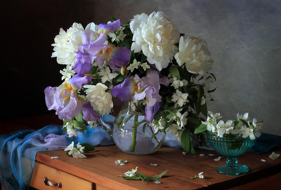 With A Bouquet Of Peonies And Irises Photograph by Tatyana Skorokhod (??????? ????????)