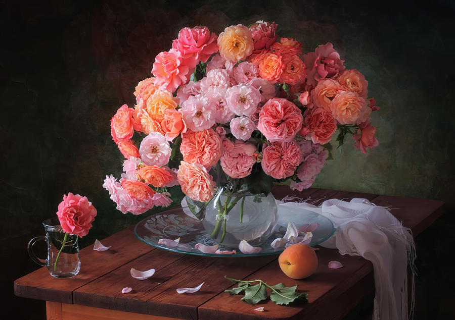 Flower Photograph - With A Bouquet Of Roses And A Peach by Tatyana Skorokhod (??????? ????????)