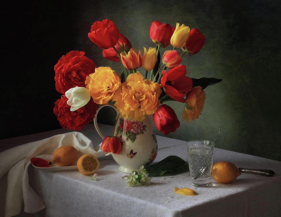 Still Life Photograph - With A Bouquet Of Tulips by Tatyana Skorokhod (???????