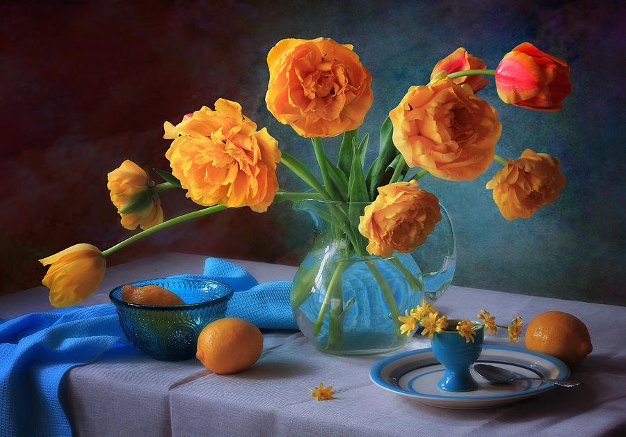 Still Life Photograph - With A Bouquet Of Yellow Tulips by ??????? ????????