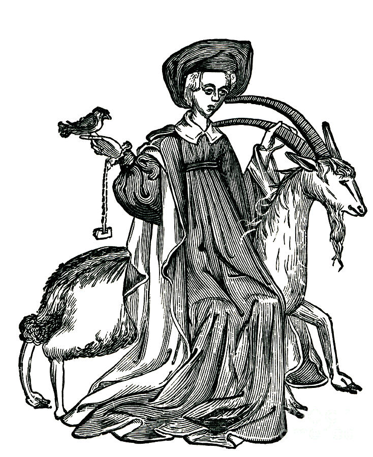 With her goat and sparrow Drawing by English School