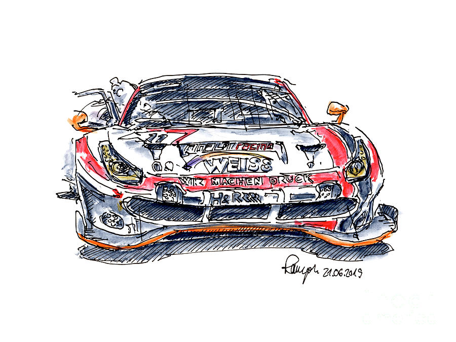 Wochenspiegel Ferrari 488 Gt3 Racecar Ink Drawing And Watercolor Drawing By Frank Ramspott