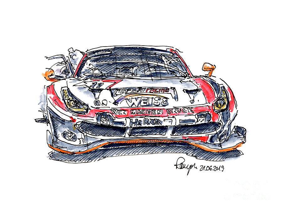 Wochenspiegel Ferrari 488 Gt3 Racecar Ink Drawing And Watercolor