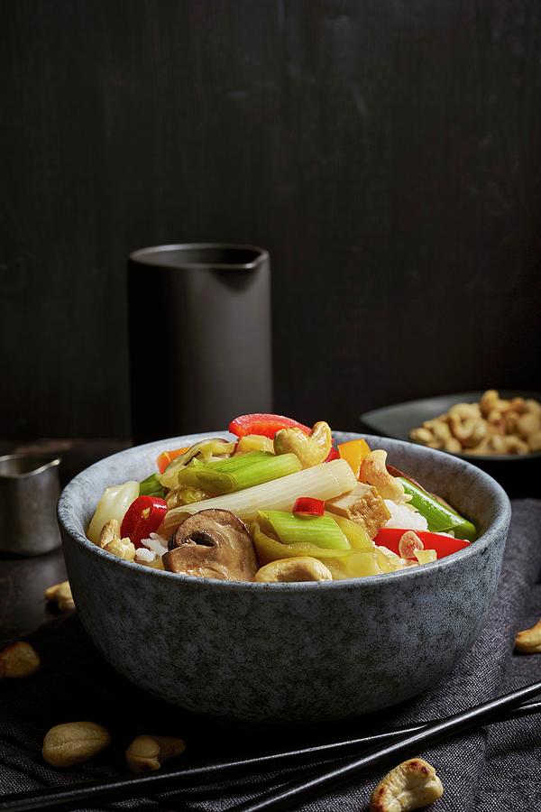 Wok Vegetables With Smoked Tofu, Mushrooms, And Cashew Nuts On Rice asia Photograph by Ulrike Emmert