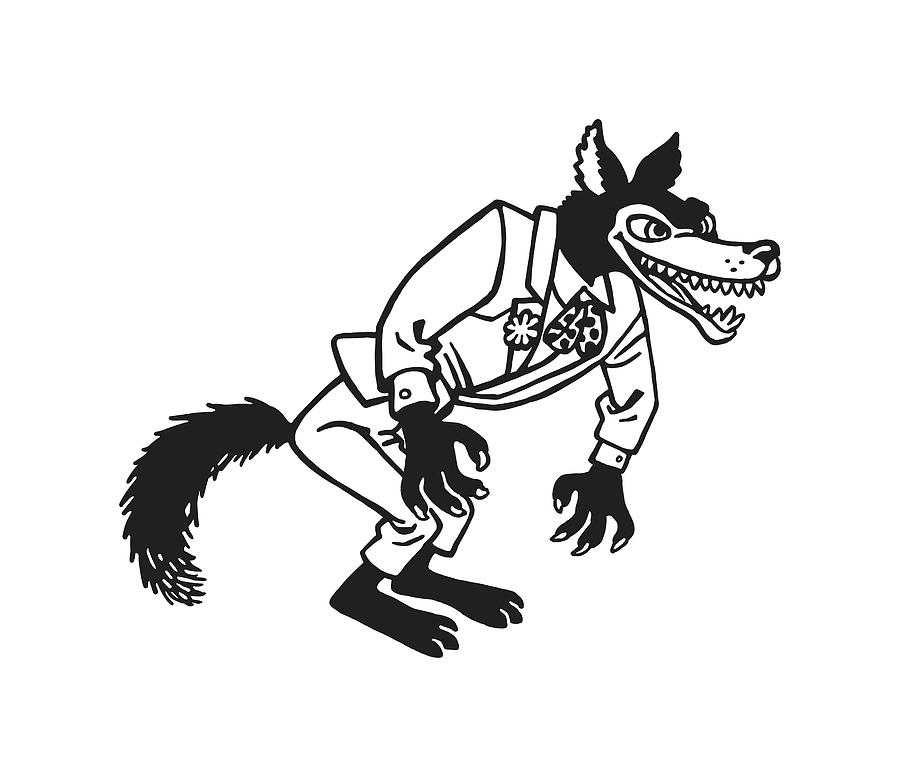 Black And White Drawing - Wolf Dressed in Clothes by CSA Images