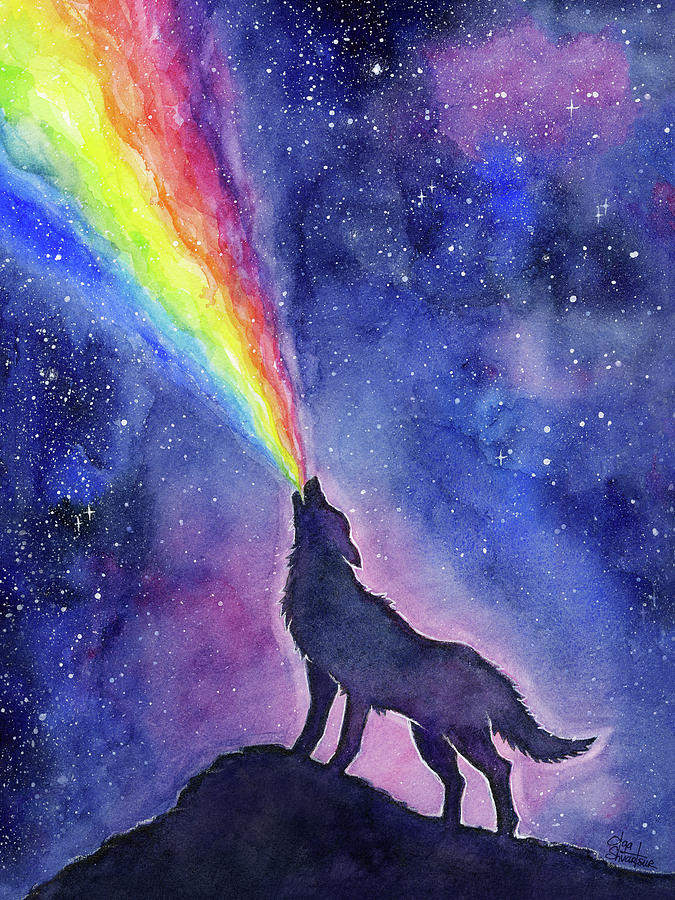 Space Painting - Wolf Rainbow in Space by Olga Shvartsur