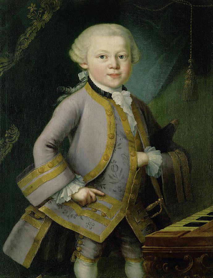 Wolfgang Amadeus Mozart as young boy in the court costum, 1767 , Oil... Painting by Pietro Antonio Lorenzoni