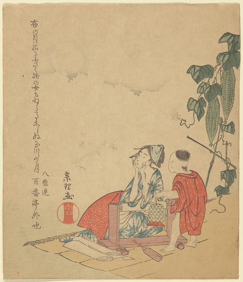 Japanese Painting - Woman And Boy With Melon Plant by Katsushika Hokusai