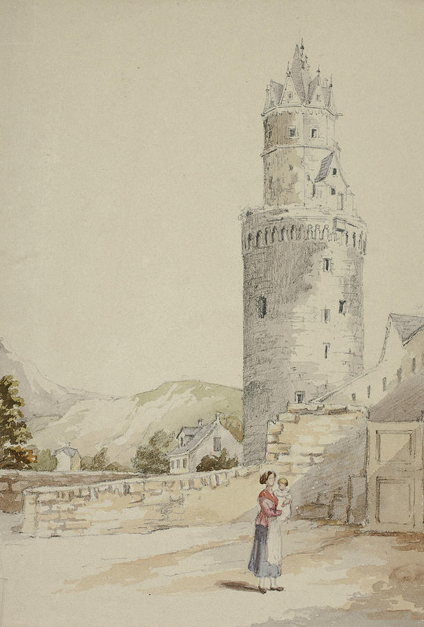 Woman and Child before Walled Town with Tower Drawing by Elizabeth Murray