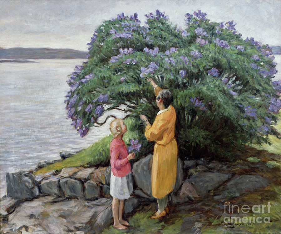 20th Century Painting - Woman And Child By The Lilac Bush, 1927 by Thorvald Torgersen