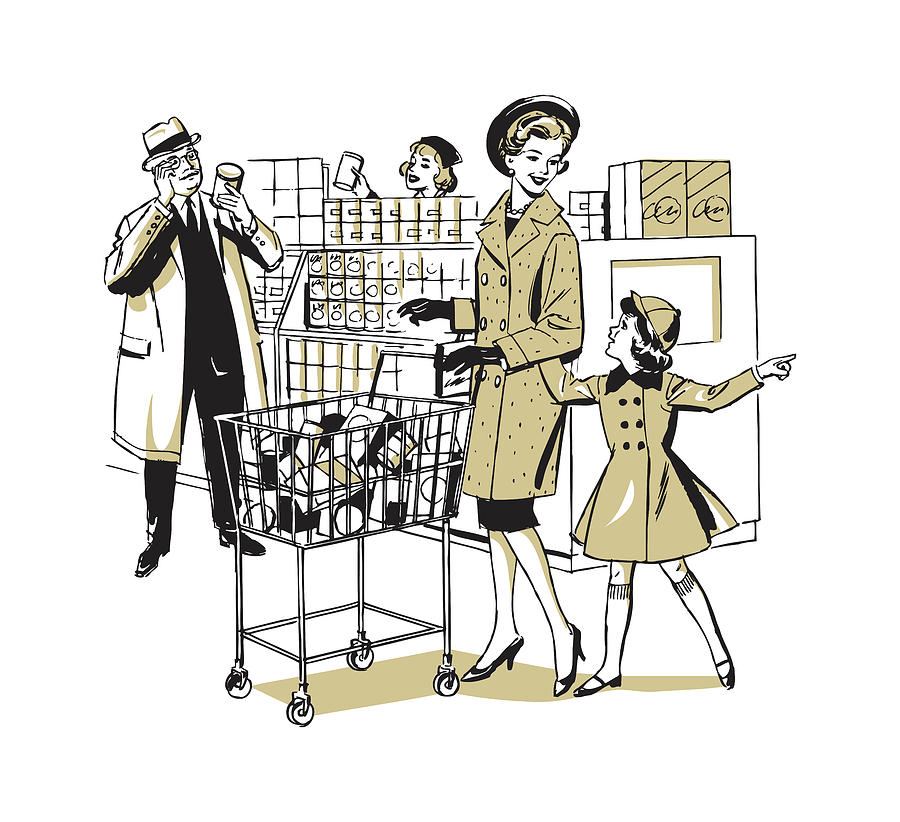 Vintage Drawing - Woman and Daughter in Grocery Store by CSA Images