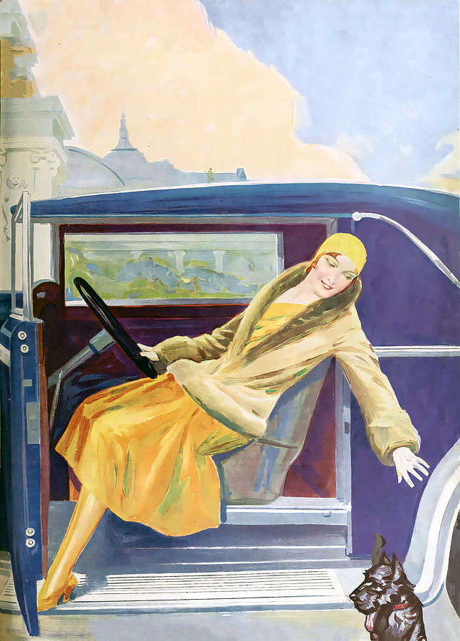 Woman And Dog 1931 Vehicle Original French Art Deco Illustration Mixed Media by Retrographs