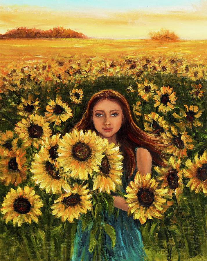 Woman And Sunflowers Painting