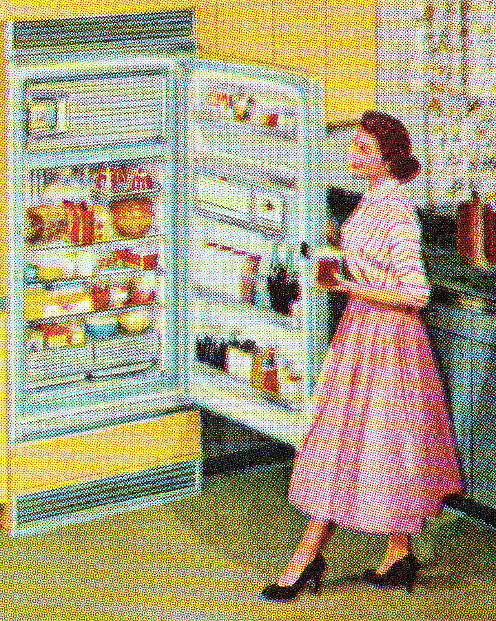 Vintage Drawing - Woman at Open Refrigerator by CSA Images