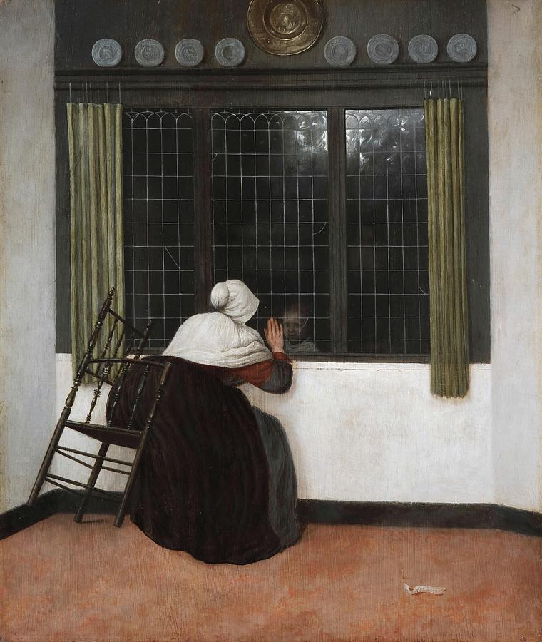Woman at the window making a sign to a little girl. Second half of 17th century. Oil on panel. 45... Painting by Jacobus Vrel