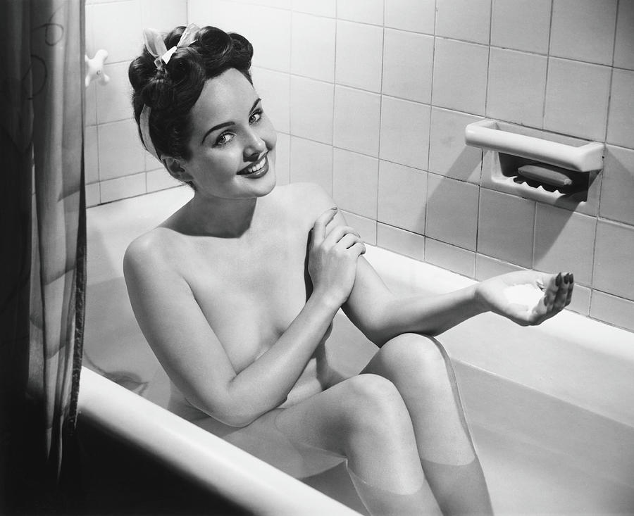 Woman Bathing, B&w, Portrait Photograph by George Marks