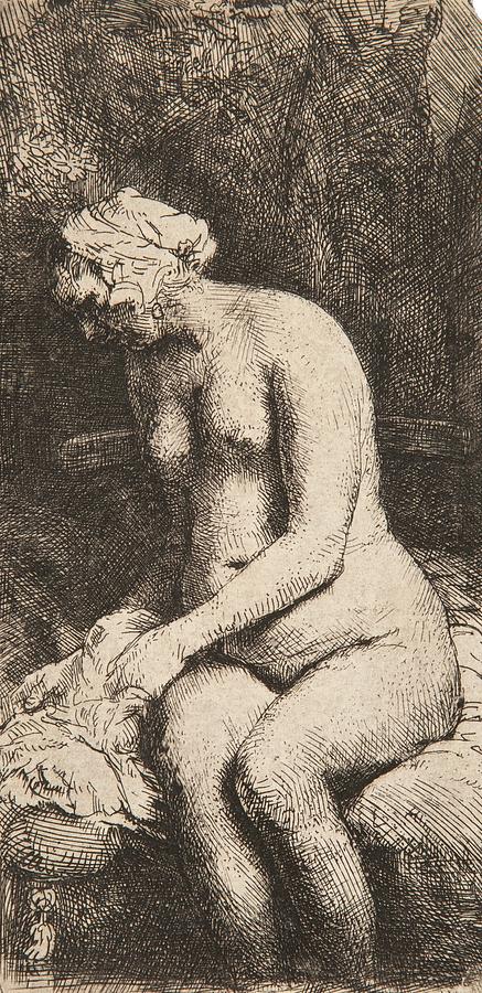 Nude Drawing - Woman Bathing Her Feet At A Brook by Rembrandt Van Rijn