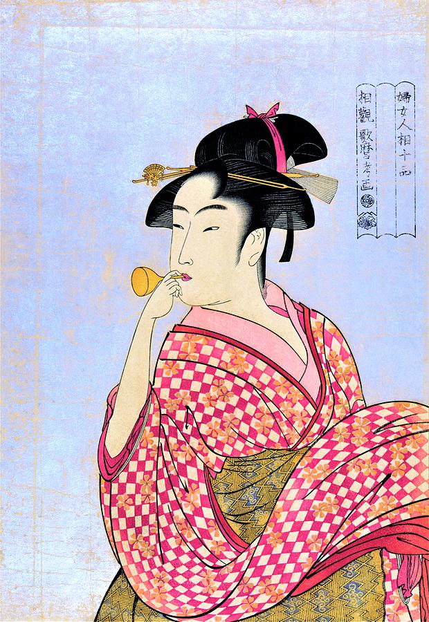 Cool Painting - Woman blowing poppin - Digital Remastered Edition by Kitagawa Utamaro
