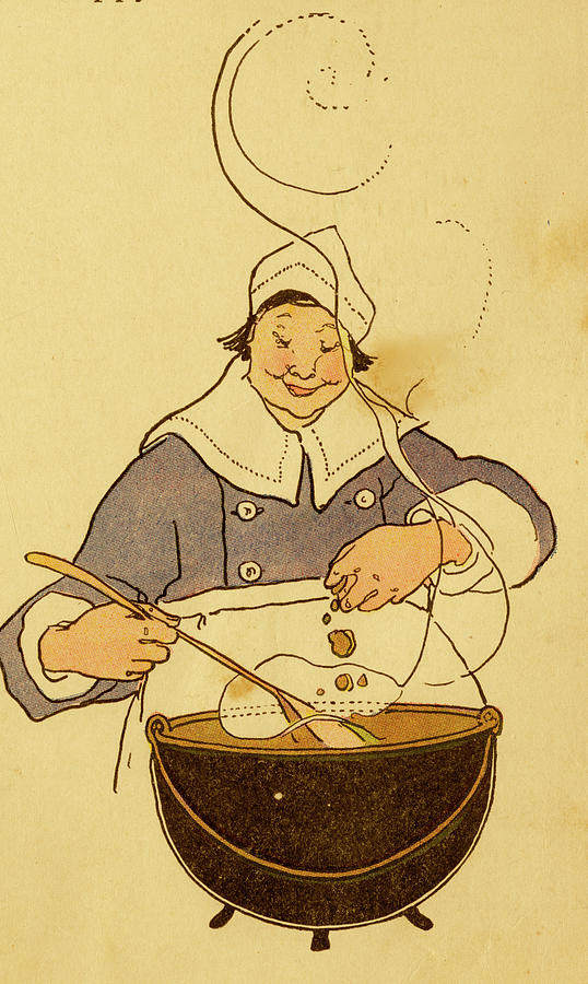Woman chef adds to a recipe over a boiling pot Painting by Unknown