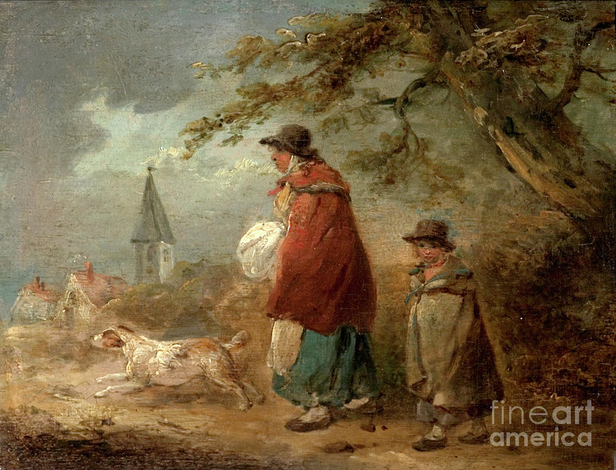 Woman, Child And Dog On A Road Painting by George Morland