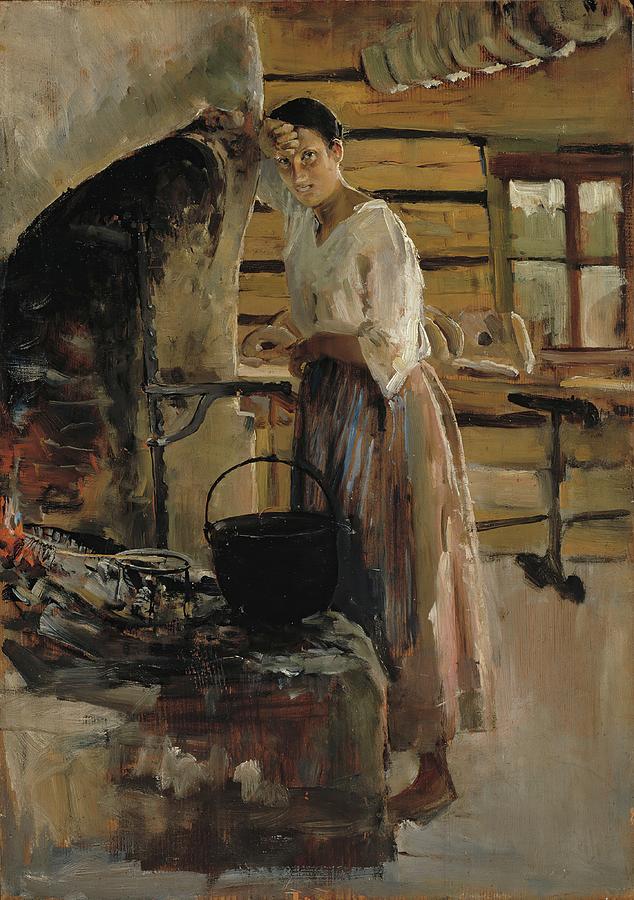 Pot Painting - Woman Cooking Whitefish by Akseli Gallen-kallela
