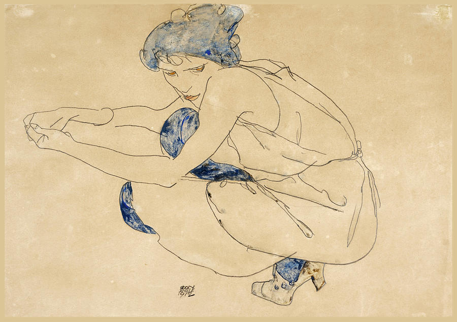 Woman Crouching Drawing by Egon Schiele