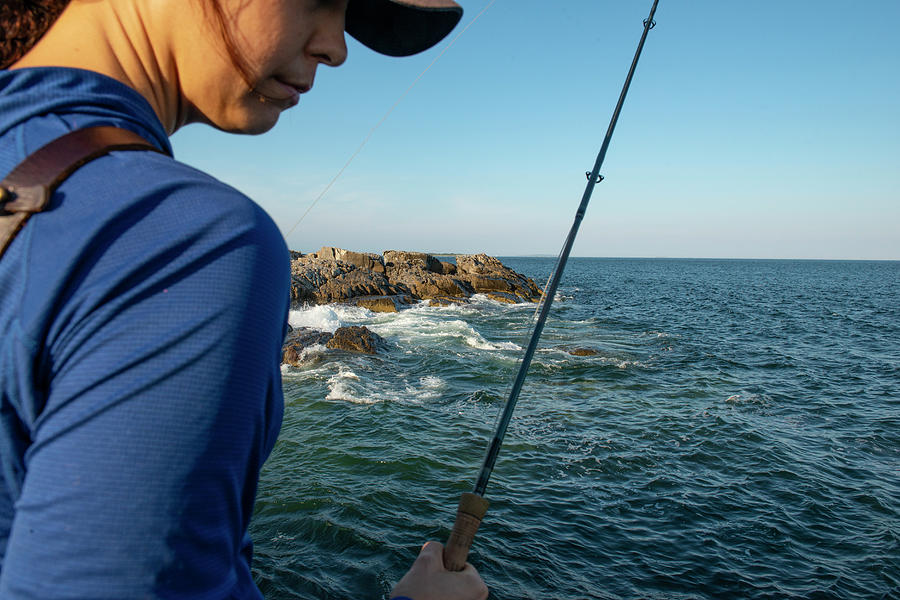 Summer Photograph - Woman Fishing On Coast, Cape Elizabeth by Joe Klementovich