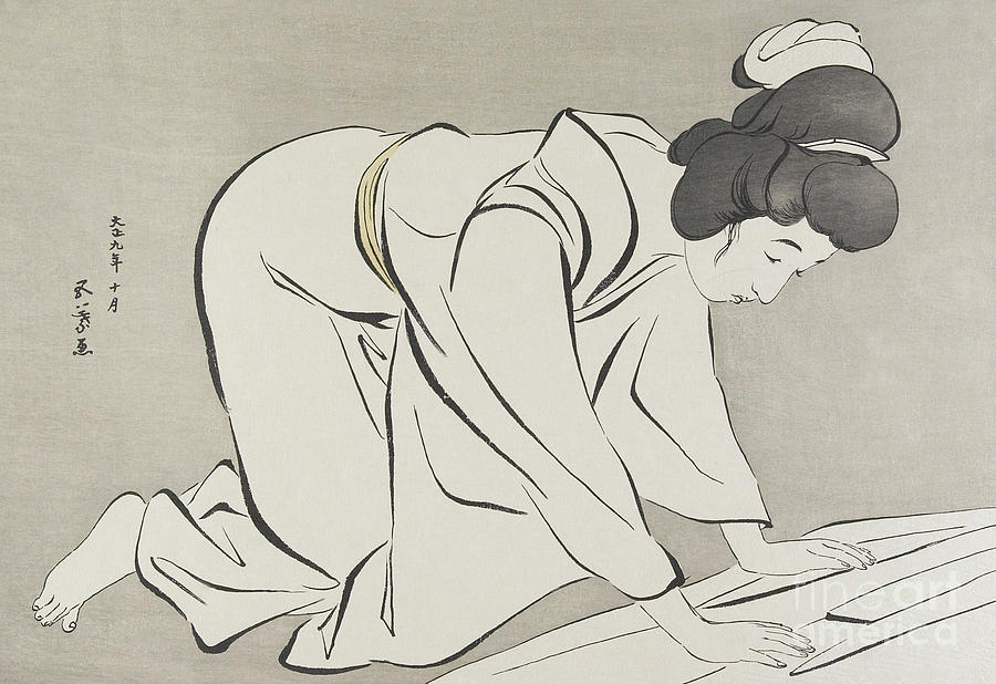 Woman Folding Kimono, October 1920 Painting by Goyo Hashiguchi
