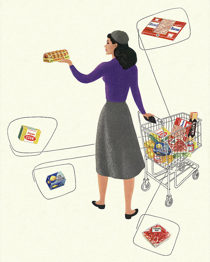 Vintage Drawing - Woman Grocery Shopping by CSA Images