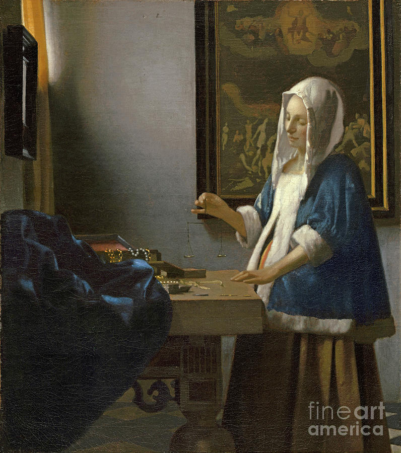 Woman Holding A Balance, C.1664 (oil On Canvas) Painting by Jan Vermeer