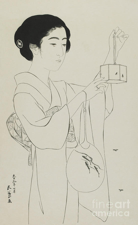 Woman Holding a Firefly Cage, Taisho era, July 1920 Drawing by Hashiguchi