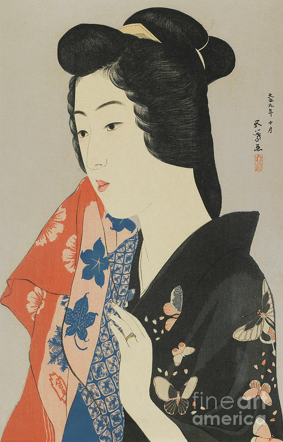 Woman Holding a Towel, Taisho era, October 1920 Painting by Hashiguchi