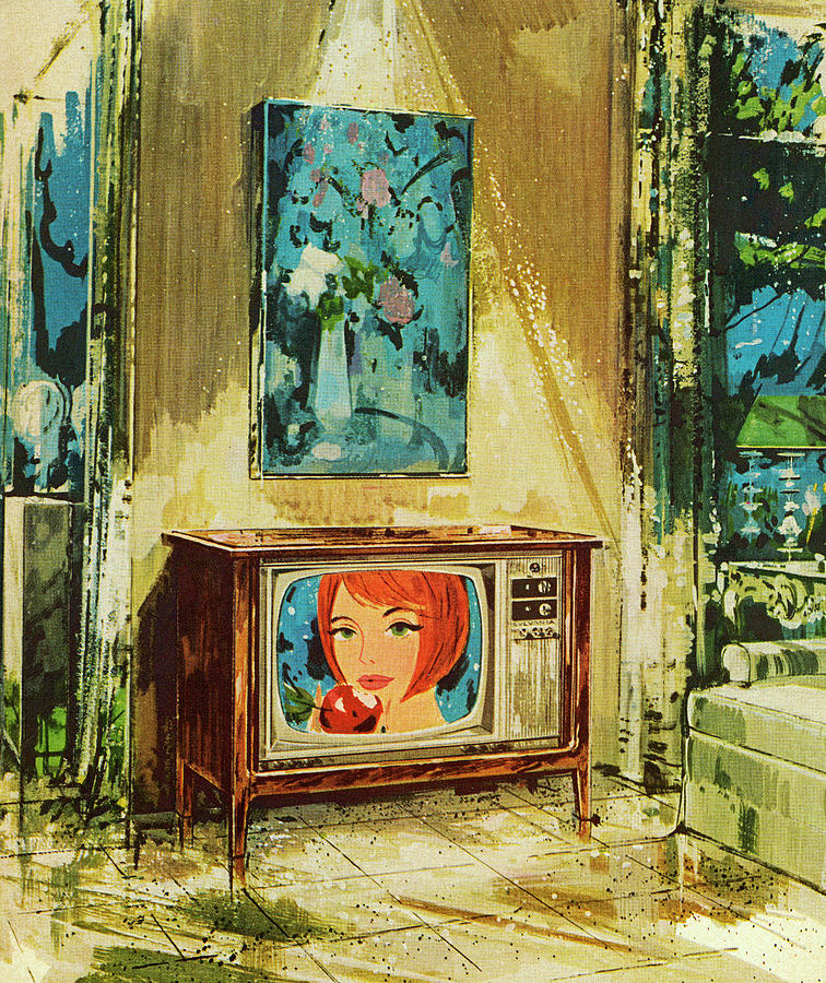 Vintage Drawing - Woman Holding Apple on TV in Room by CSA Images
