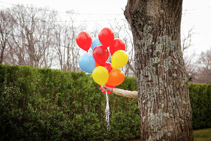 Woman Holding Helium Balloons While Hiding Behind Tree At Backyard ...