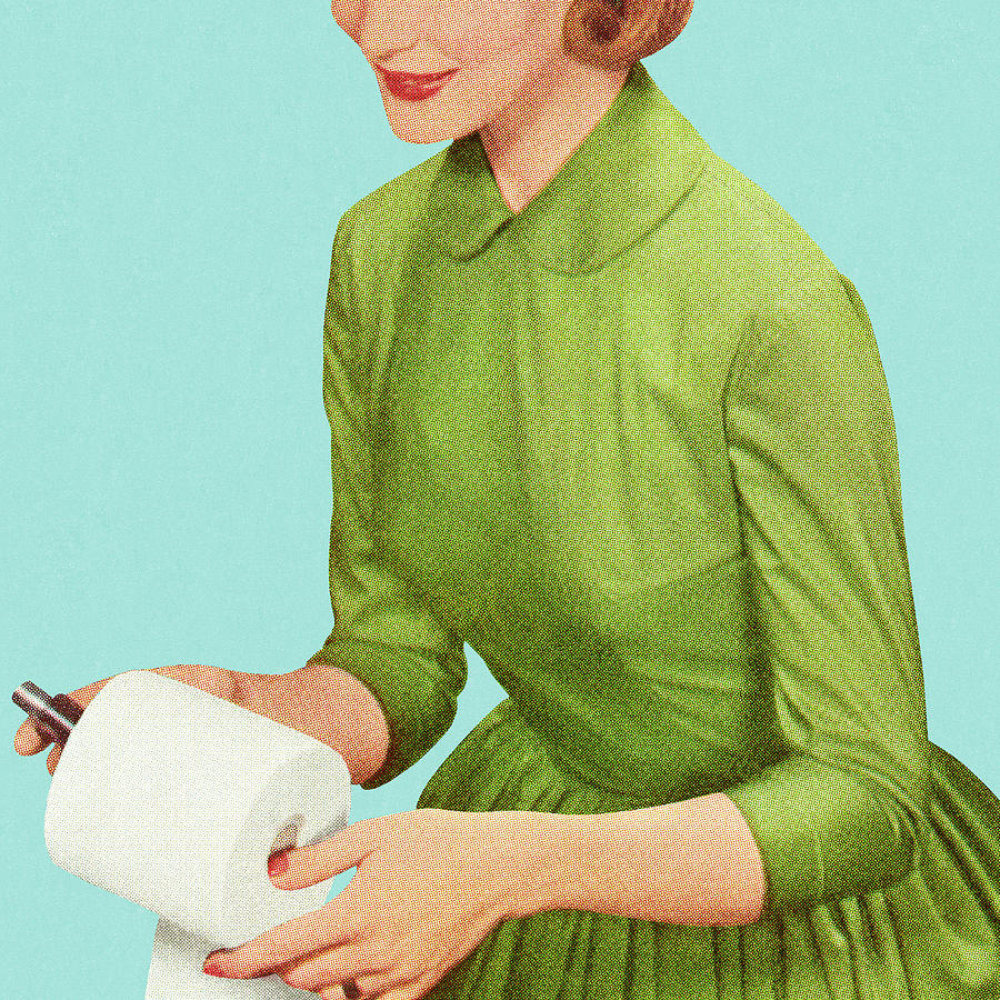 Vintage Drawing - Woman Holding Toilet Paper Roll by CSA Images