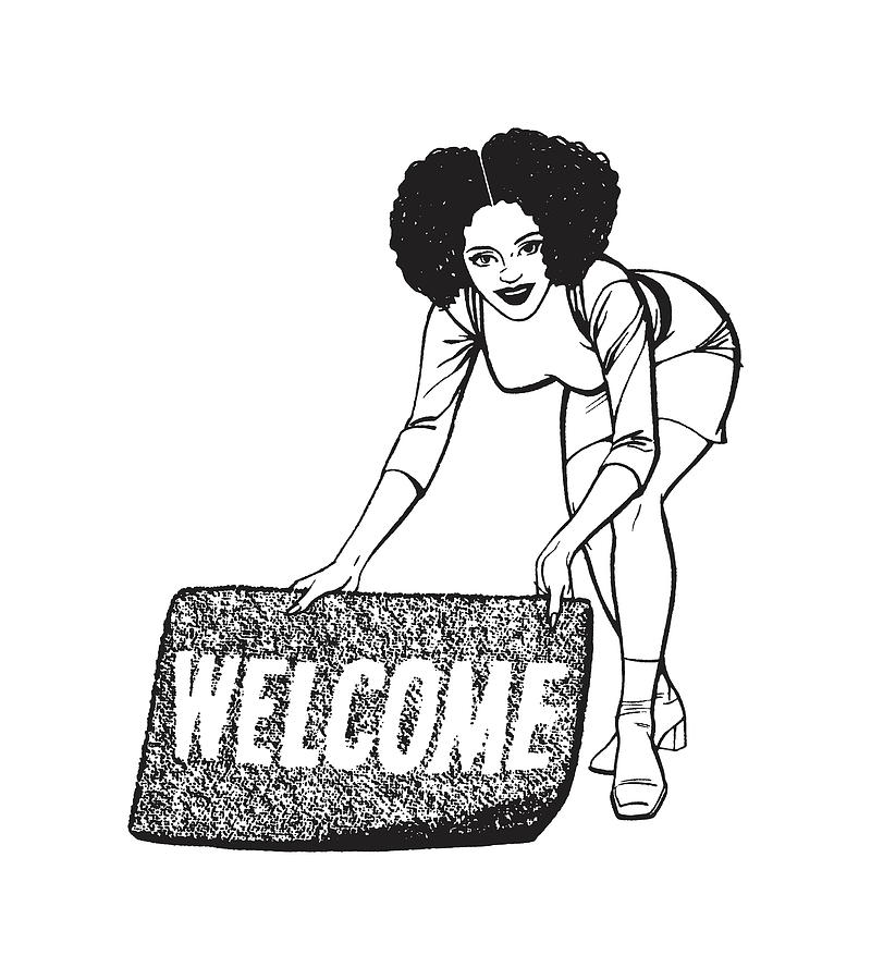 Black And White Drawing - Woman holding Welcome doormat by CSA Images