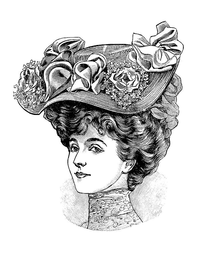 Woman In a Floral Hat, 1800s Old Drawing, Black and White Line Art ...