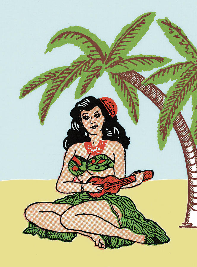 Music Drawing - Woman in a Grass Skirt Sitting Under a Palm Tree by CSA Images