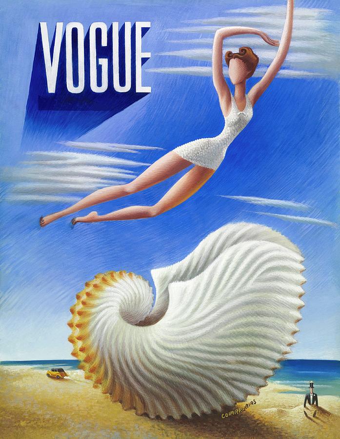 Woman In White Swimsuit Floating Above A Shell Painting by Miguel Covarrubias