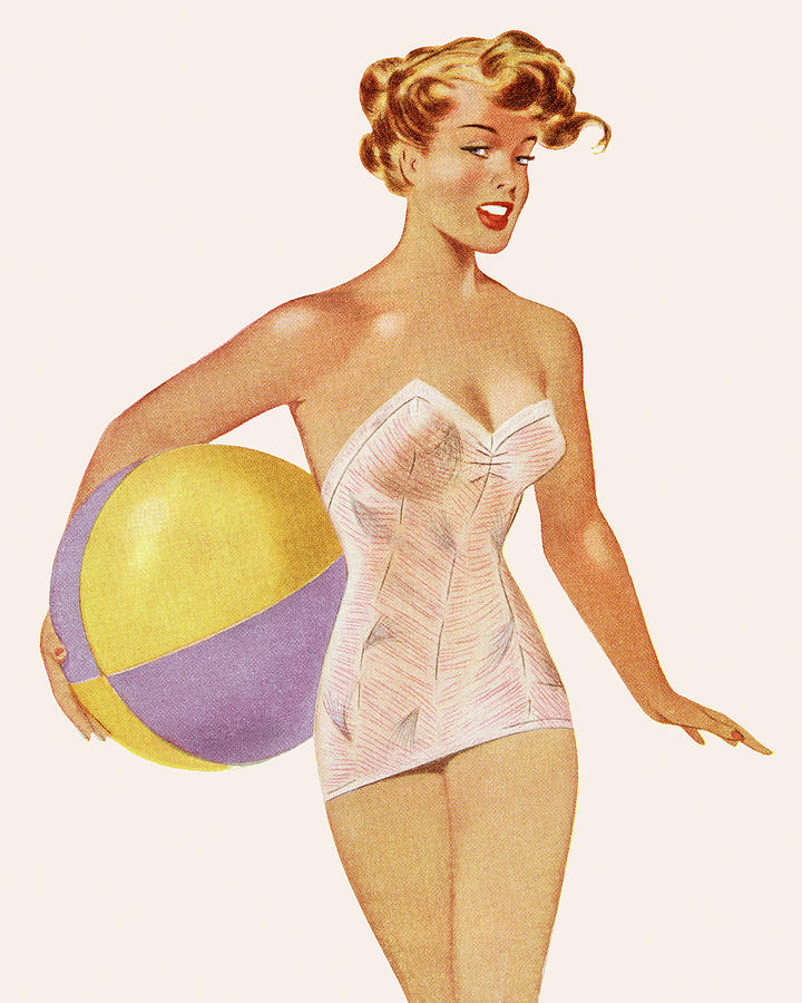 Summer Drawing - Woman in Bathing Suit Holding a Beach Ball by CSA Images